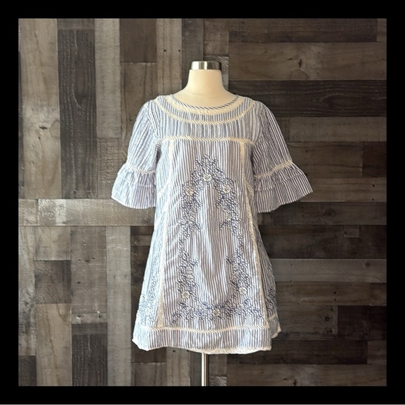 Free People peasant dress small oversized blue white stripes floral boho chic - Picture 1 of 14